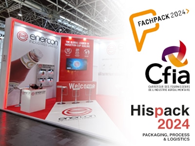 An Enercon exhibition stand showing the logos of upcoming exhibitions: CFIA, Hispack and Fachpack